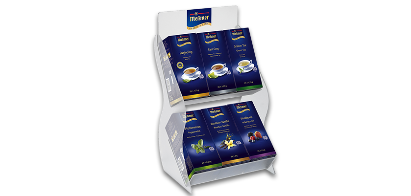 Teedisplay mit verschiedenen Meßmer Teesorten