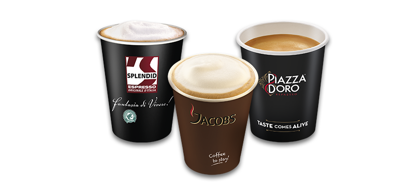 Coffee to go Becher von den Marken Splendid, Jacobs und Piazza D'Oro